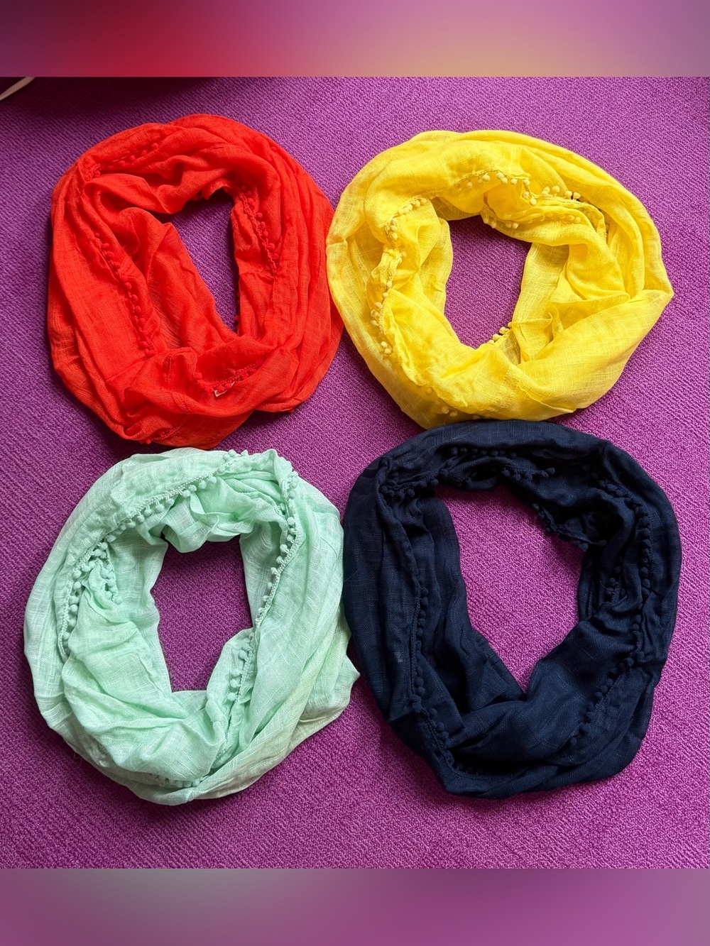 J. Crew Mini Pompom Infinity Scarves, 100% Rayon, Set of 4